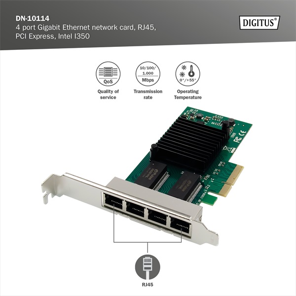 DIGITUS DN-10114 4 port PCI Express hálózati kártya Belső Gigabit Ethernet Intel I350
