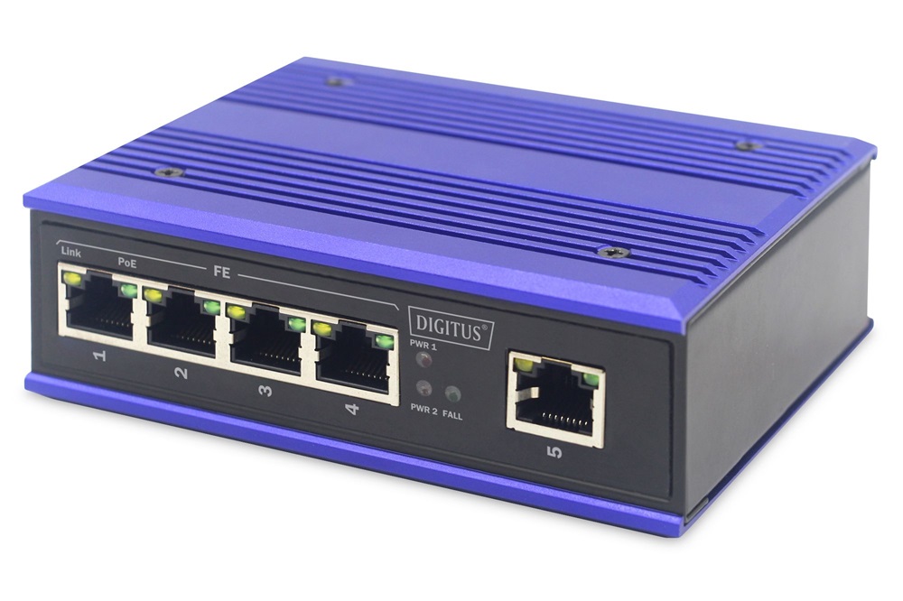 DIGITUS DN-650107 4x 10/100Mbps FE Lan port 1x uplink port PoE 100W nem menedzselhető ipari switch