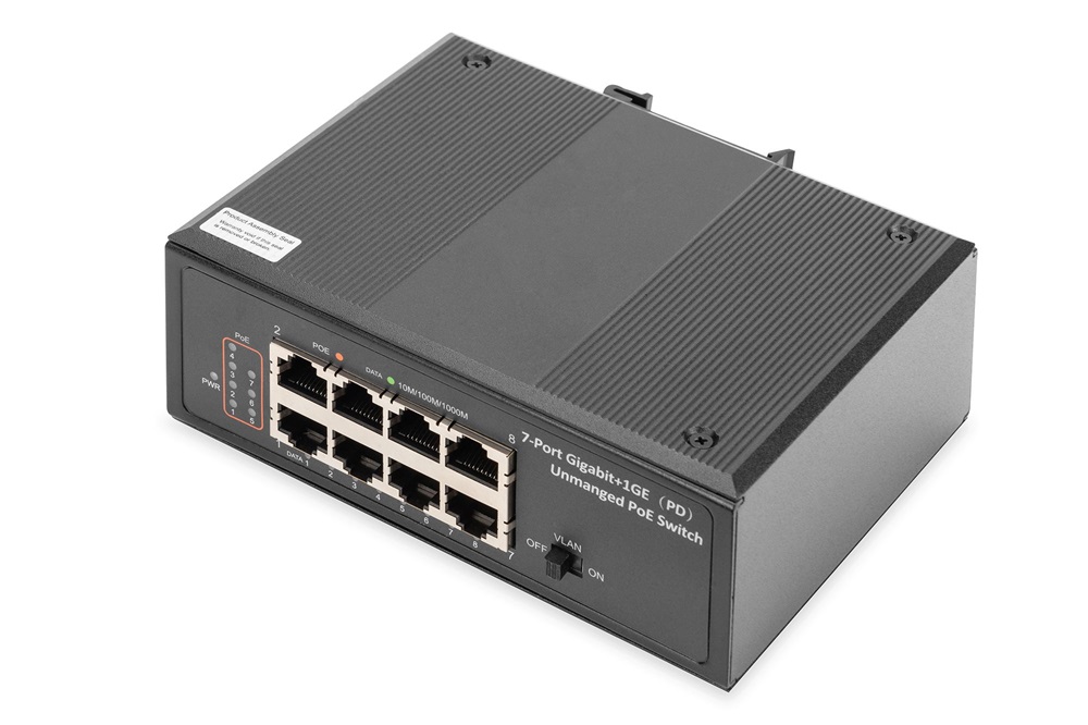 DIGITUS DN-651113 7x GbE Lan port 1x PD Lan port PoE 30W nem menedzselhető ipari switch