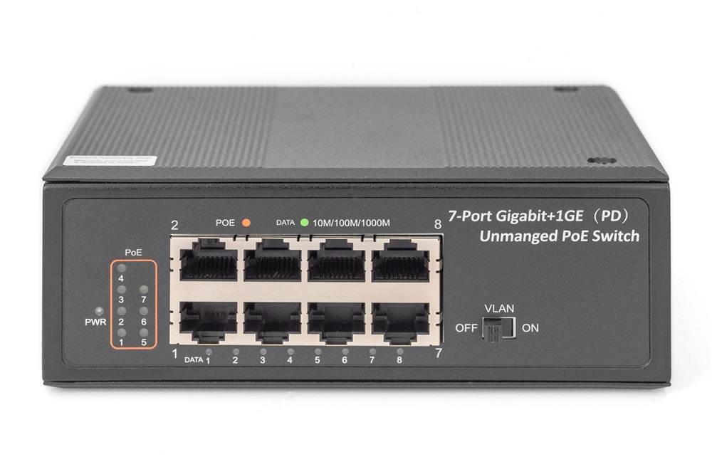 DIGITUS DN-651113 7x GbE Lan port 1x PD Lan port PoE 30W nem menedzselhető ipari switch