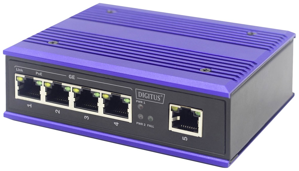 DIGITUS DN-651120 4-port PoE 1-port uplink 802.3at DIN sínre szerelhető ipari switch