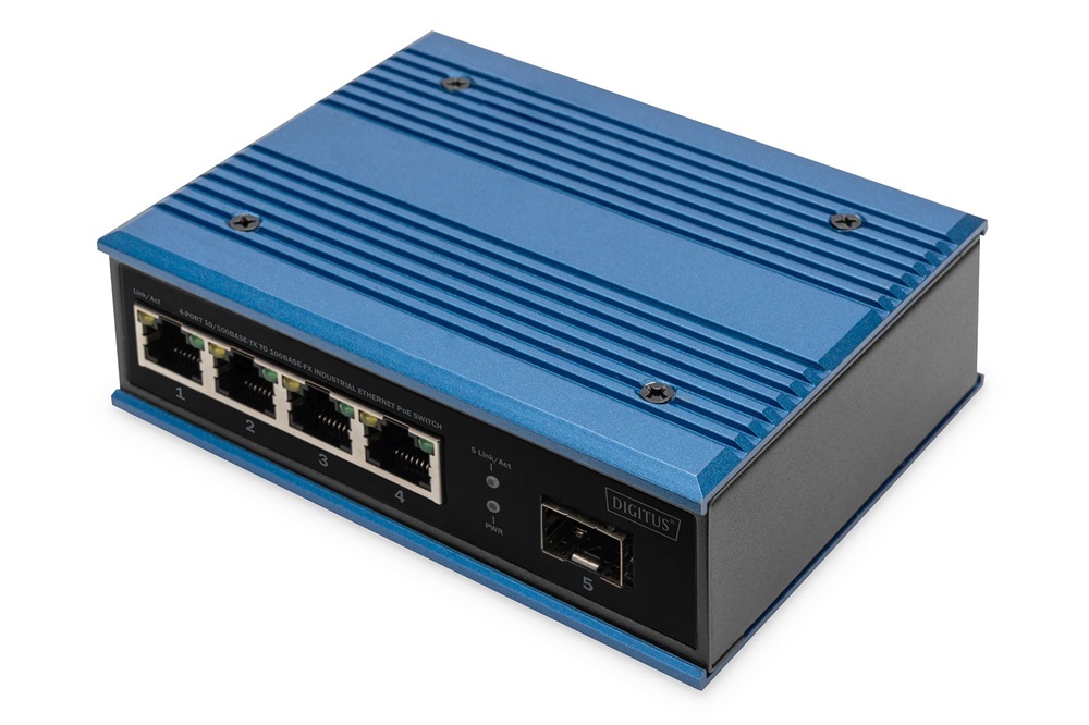 DIGITUS DN-651131 4x 10/100Mbps FE Lan port 1x SFP port PoE 100W nem menedzselhető ipari switch