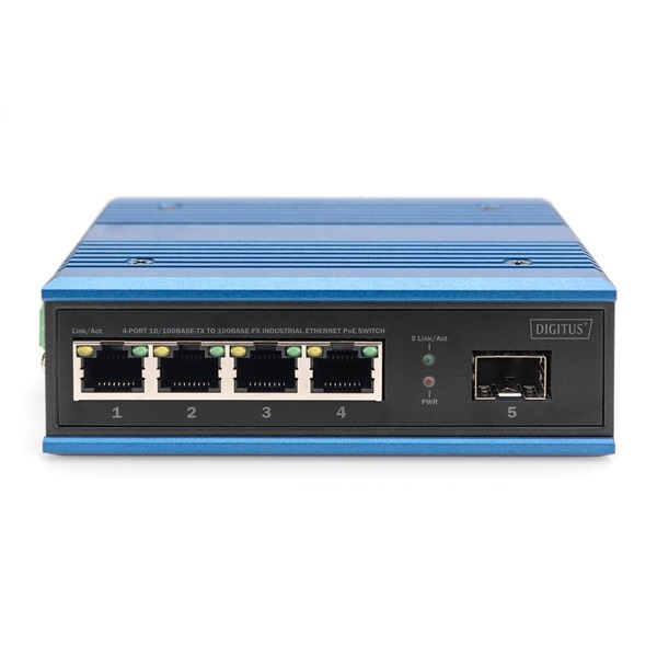 DIGITUS DN-651131 4x 10/100Mbps FE Lan port 1x SFP port PoE 100W nem menedzselhető ipari switch