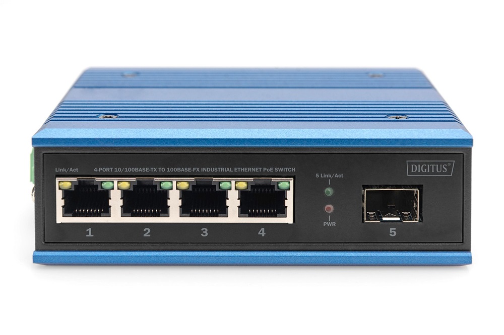 DIGITUS DN-651131 4x 10/100Mbps FE Lan port 1x SFP port PoE 100W nem menedzselhető ipari switch