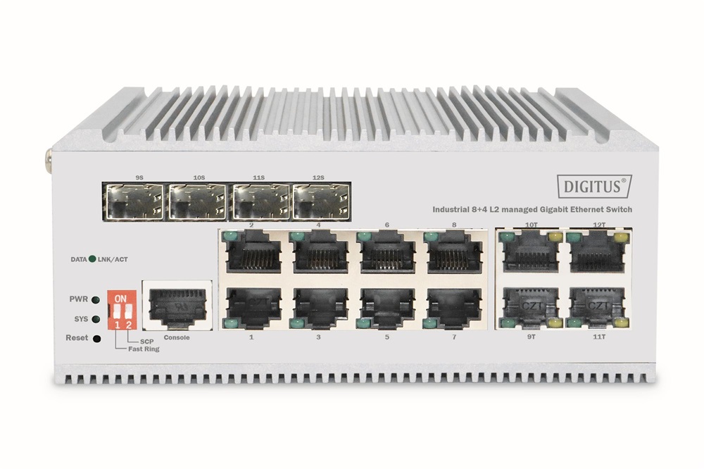 DIGITUS DN-651145 12x GbE Lan port 4x SFP port menedzselhető ipari switch