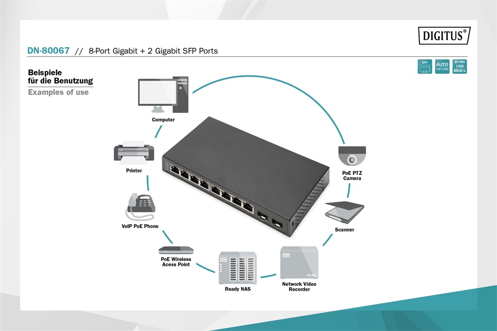 DIGITUS DN-80067 8x GbE Lan port 2x SFP port nem menedzselhető asztali switch