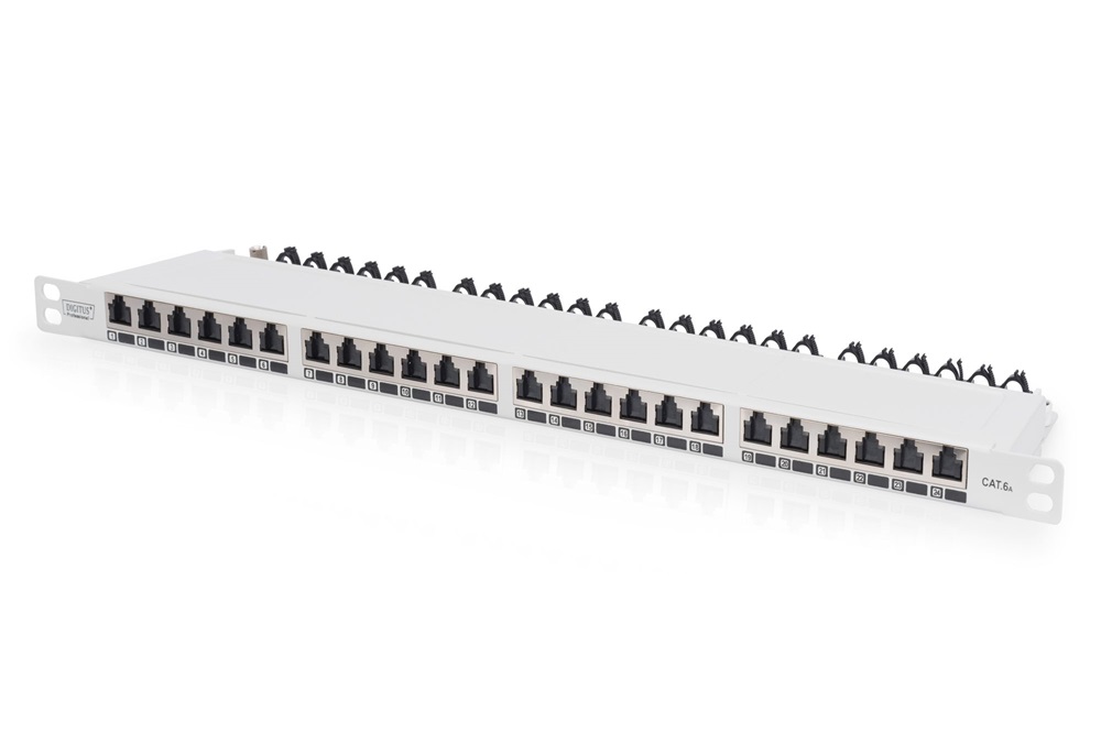 DIGITUS DN-91624S-SL-EA-G CAT6A 24port 19" 0,5U fekete árnyékolt Patch Panel