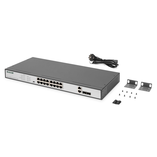 DIGITUS DN-95342-1 16x 10/100Mbps FE Lan port 2x uplink port 2x SFP port PoE 250W nem menedzselhető switch