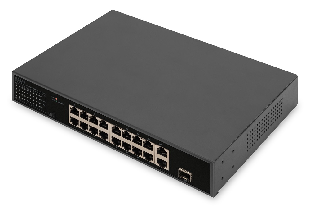 DIGITUS DN-95355 1U 19" 16x 10/100Mbps FE 1x GbE 1x GbE Combo Lan port 1x SFP port PoE 185W nem menedzselhető switch