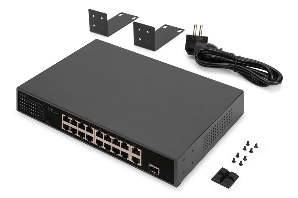 DIGITUS DN-95355 1U 19" 16x 10/100Mbps FE 1x GbE 1x GbE Combo Lan port 1x SFP port PoE 185W nem menedzselhető switch