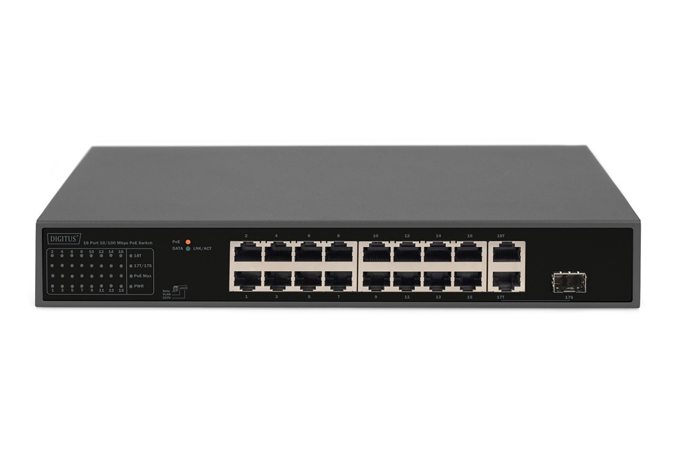 DIGITUS DN-95355 1U 19" 16x 10/100Mbps FE 1x GbE 1x GbE Combo Lan port 1x SFP port PoE 185W nem menedzselhető switch