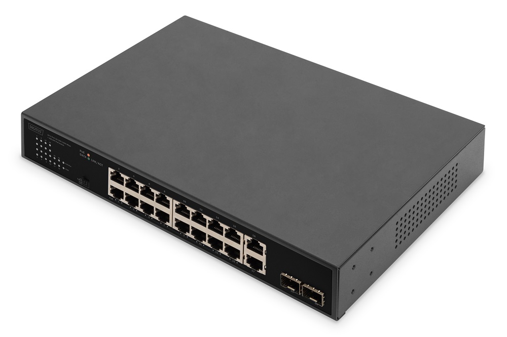 DIGITUS DN-95358 1U 19" 16+2x GbE Lan port 2x SFP port PoE 185W nem menedzselhető switch