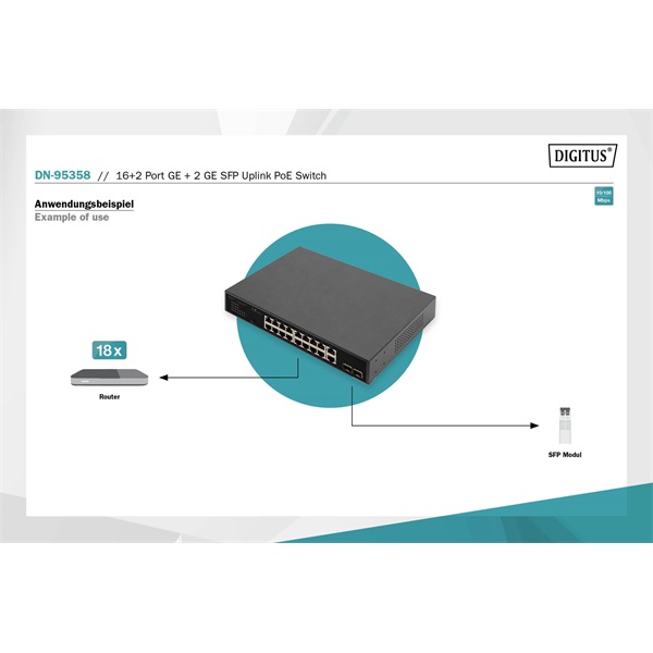 DIGITUS DN-95358 1U 19" 16+2x GbE Lan port 2x SFP port PoE 185W nem menedzselhető switch