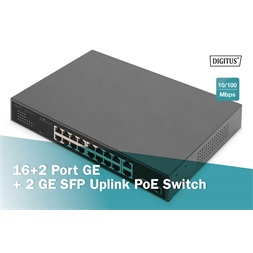 DIGITUS DN-95358 1U 19" 16+2x GbE Lan port 2x SFP port PoE 185W nem menedzselhető switch
