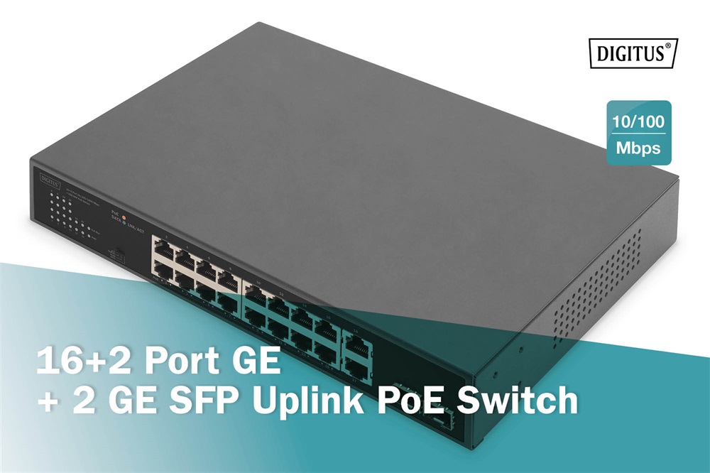 DIGITUS DN-95358 1U 19" 16+2x GbE Lan port 2x SFP port PoE 185W nem menedzselhető switch