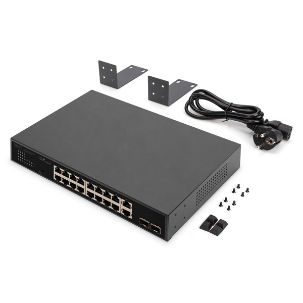DIGITUS DN-95358 1U 19" 16+2x GbE Lan port 2x SFP port PoE 185W nem menedzselhető switch