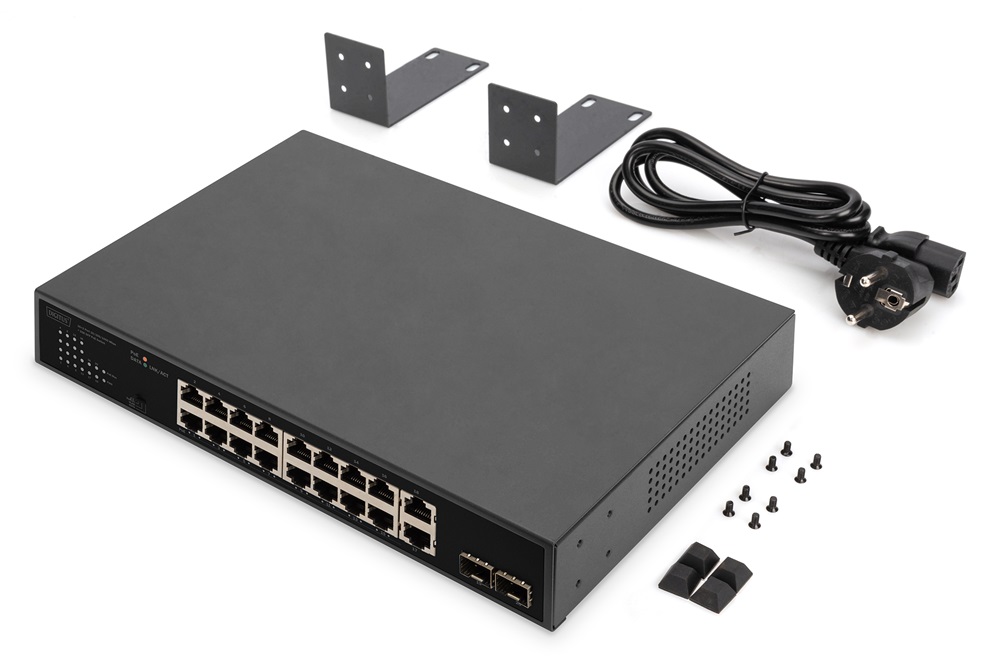 DIGITUS DN-95358 1U 19" 16+2x GbE Lan port 2x SFP port PoE 185W nem menedzselhető switch