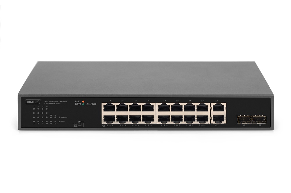 DIGITUS DN-95358 1U 19" 16+2x GbE Lan port 2x SFP port PoE 185W nem menedzselhető switch