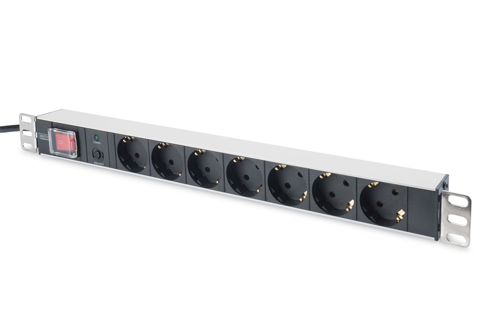 DIGITUS DN-95403 19" 1U PDU 250V 16A 7xCEE7/3 aljzat CEE7/7 csatlakozó kapcsolóval 2M elosztósor