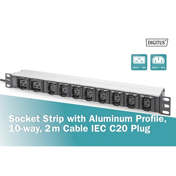 DIGITUS DN-95427 19" 1U PDU 230V 16A 8xIEC C13 2xC19 aljzat IEC C20 csatlakozó 2M elosztósor