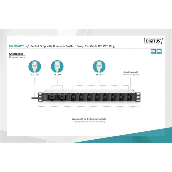 DIGITUS DN-95427 19" 1U PDU 230V 16A 8xIEC C13 2xC19 aljzat IEC C20 csatlakozó 2M elosztósor