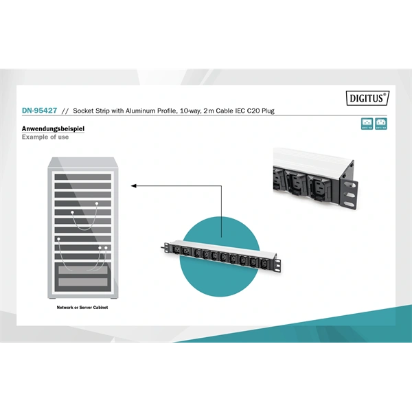 DIGITUS DN-95427 19" 1U PDU 230V 16A 8xIEC C13 2xC19 aljzat IEC C20 csatlakozó 2M elosztósor