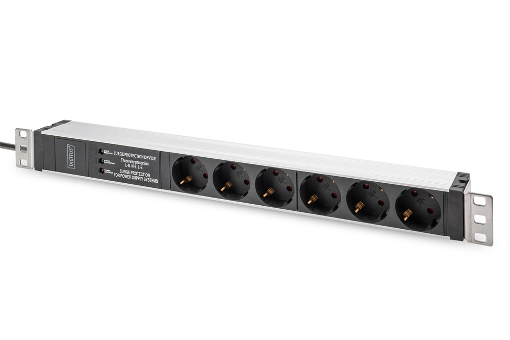 DIGITUS DN-95432 19" 1U PDU 230V 16A 6xCEE 7/3 aljzat CEE7/7 csatlakozó túlfeszültség védelemmel 2M elosztósor