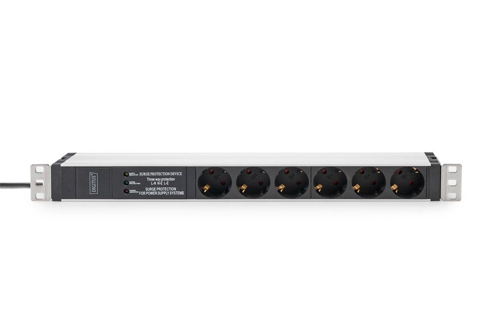 DIGITUS DN-95432 19" 1U PDU 230V 16A 6xCEE 7/3 aljzat CEE7/7 csatlakozó túlfeszültség védelemmel 2M elosztósor