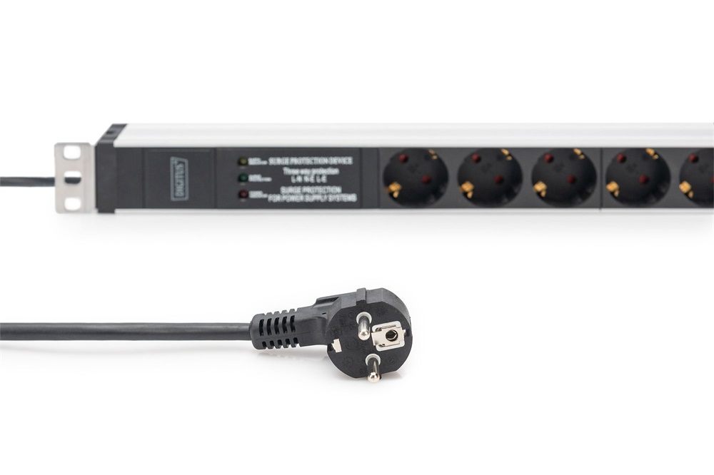 DIGITUS DN-95432 19" 1U PDU 230V 16A 6xCEE 7/3 aljzat CEE7/7 csatlakozó túlfeszültség védelemmel 2M elosztósor