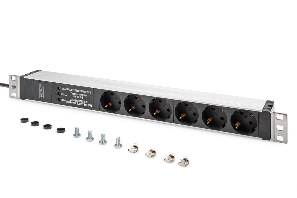 DIGITUS DN-95432 19" 1U PDU 230V 16A 6xCEE 7/3 aljzat CEE7/7 csatlakozó túlfeszültség védelemmel 2M elosztósor