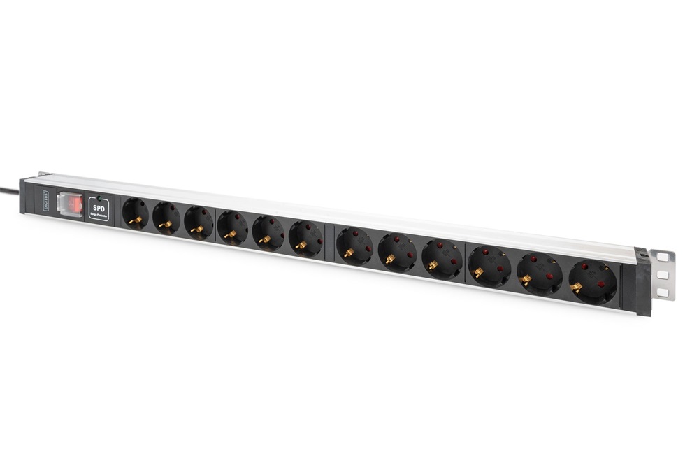 DIGITUS DN-95435 19" 1U PDU 230V 16A 12xCEE 7/3 aljzat CEE7/7 csatlakozó túlfeszültség védelemmel 2M elosztósor