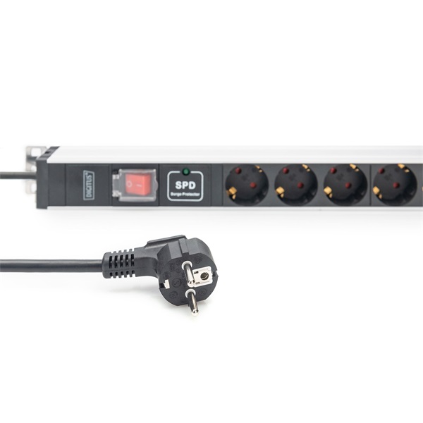 DIGITUS DN-95435 19" 1U PDU 230V 16A 12xCEE 7/3 aljzat CEE7/7 csatlakozó túlfeszültség védelemmel 2M elosztósor