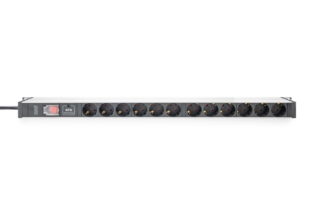 DIGITUS DN-95435 19" 1U PDU 230V 16A 12xCEE 7/3 aljzat CEE7/7 csatlakozó túlfeszültség védelemmel 2M elosztósor