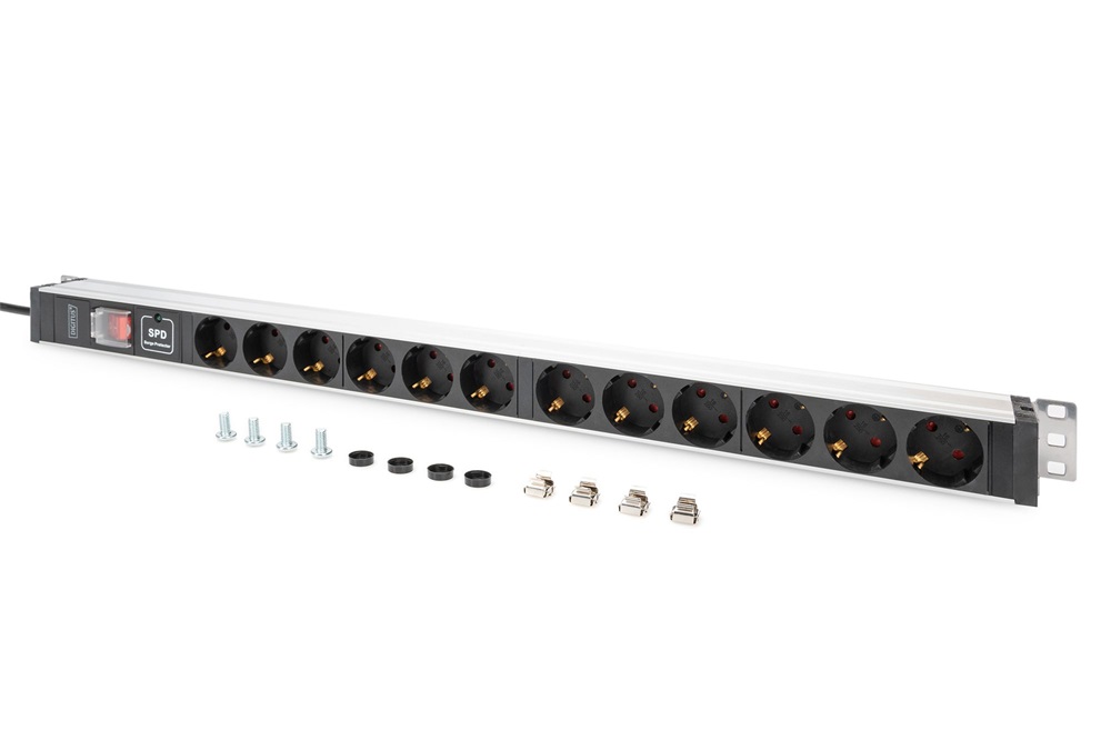 DIGITUS DN-95435 19" 1U PDU 230V 16A 12xCEE 7/3 aljzat CEE7/7 csatlakozó túlfeszültség védelemmel 2M elosztósor