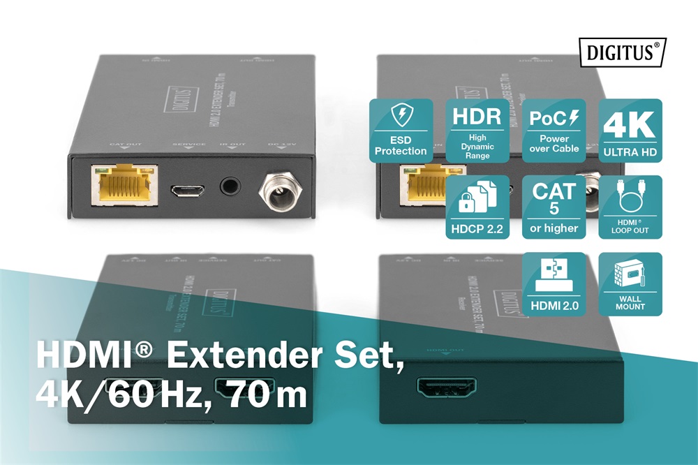 DIGITUS DS-55506 HDMI 4K/60Hz USB 2.0 Type B 70m extender szett
