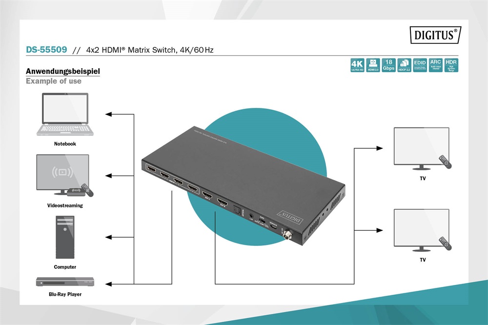 DIGITUS DS-55509 4x2 HDMI 4K/60Hz matrix switch