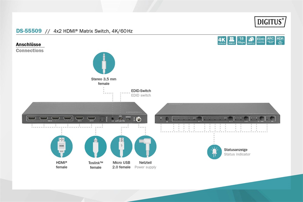DIGITUS DS-55509 4x2 HDMI 4K/60Hz matrix switch