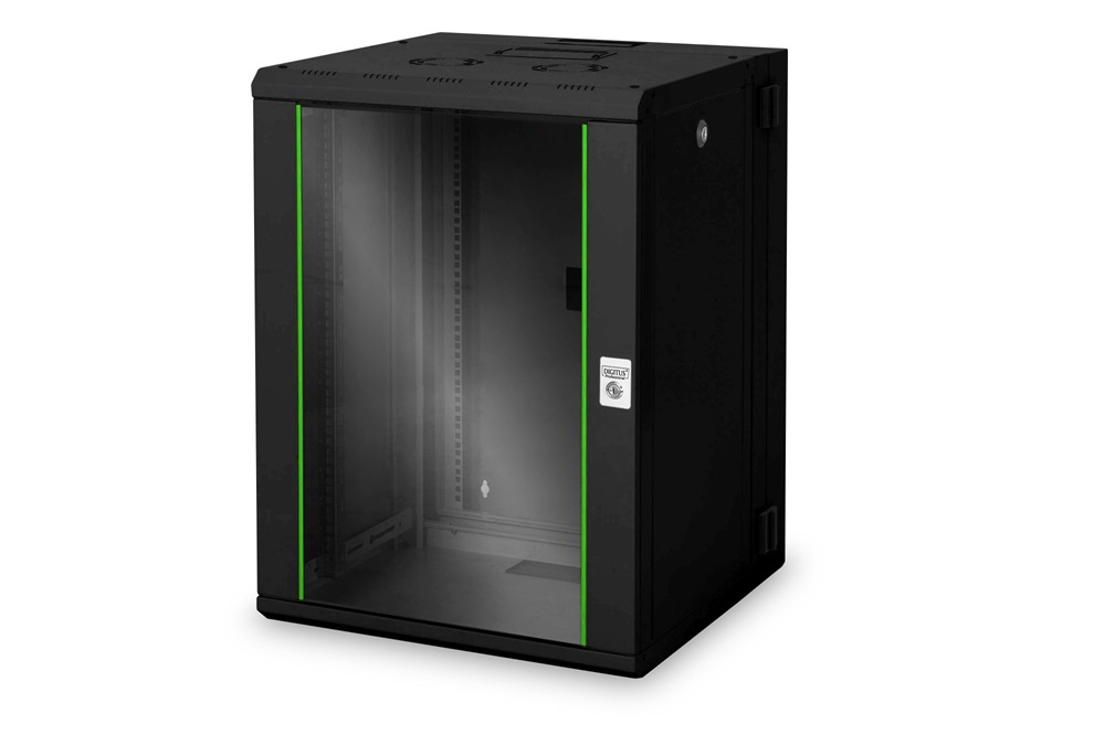 DIGITUS Professional Unique 19" 16U 820x600x600mm kétrészes üvegajtós fekete fali rack szekrény