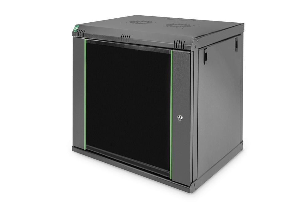 DIGITUS Dynamic Basic 19" 12U 611x600x450mm üvegajtós fekete fali rack szekrény