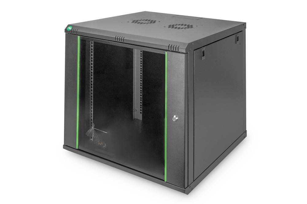 DIGITUS Dynamic Basic 19" 12U 611x600x600mm üvegajtós fekete fali rack szekrény