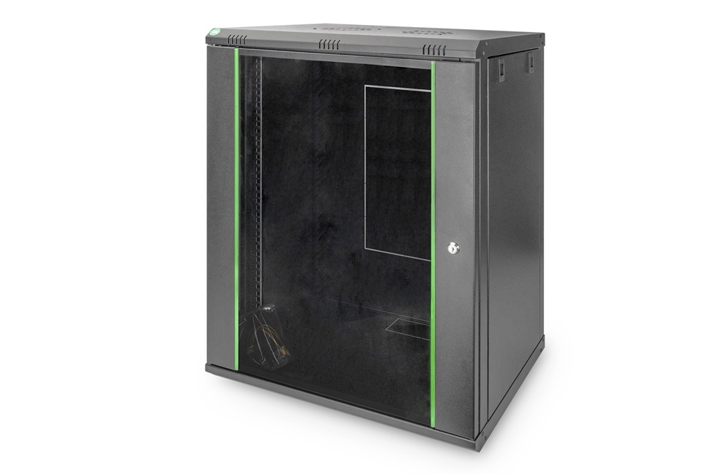 DIGITUS Dynamic Basic 19" 16U 789x600x450mm üvegajtós fekete fali rack szekrény