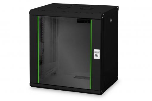 DIGITUS Rack Unique 19" 12U 643x600x450mm üvegajtós fekete fali rack szekrény