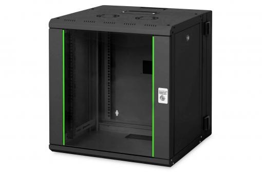 DIGITUS Rack Unique 19" 12U 643x600x600mm kétrészes üvegajtós fekete fali rack szekrény