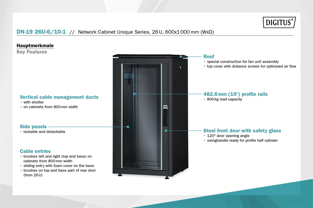 DIGITUS Rack Unique 19" 26U 1342x600x1000mm üvegajtós fekete álló rack szekrény