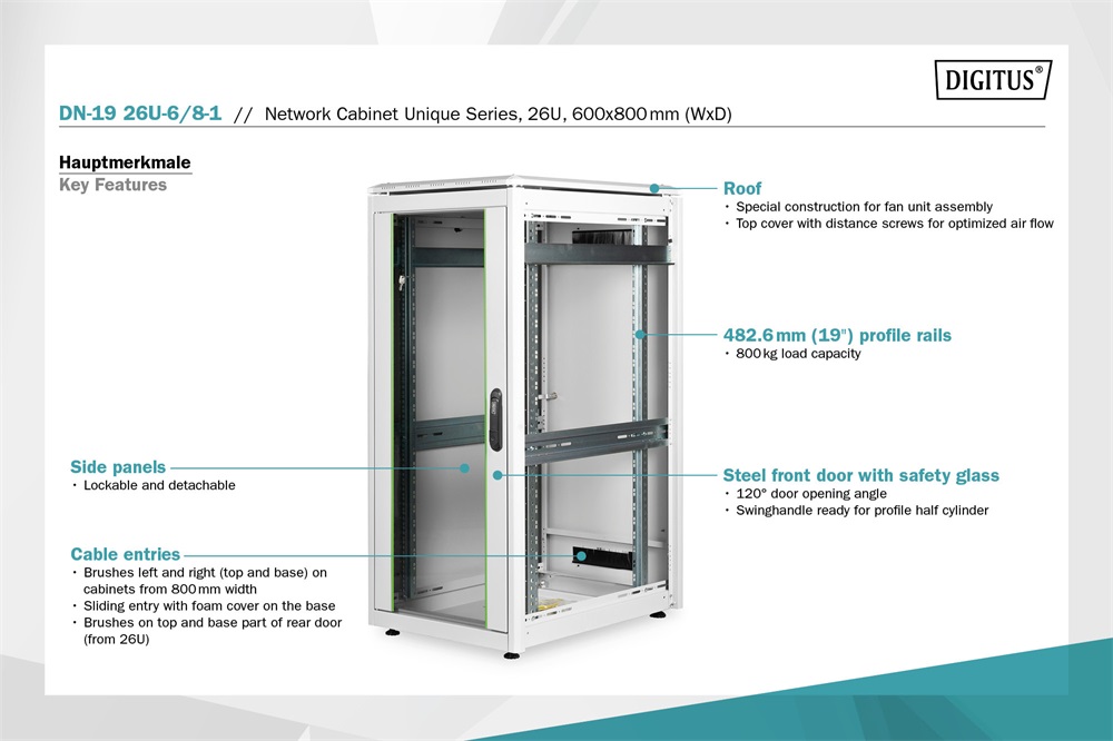 DIGITUS Rack Unique 19" 26U 1342x600x800mm üvegajtós szürke álló rack szekrény