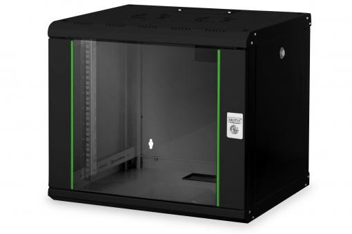 DIGITUS Rack Unique 19" 9U 509x600x450mm üvegajtós fekete fali rack szekrény