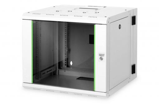 DIGITUS Rack Unique 19" 9U 509x600x600mm kétrészes üvegajtós szürke fali rack szekrény