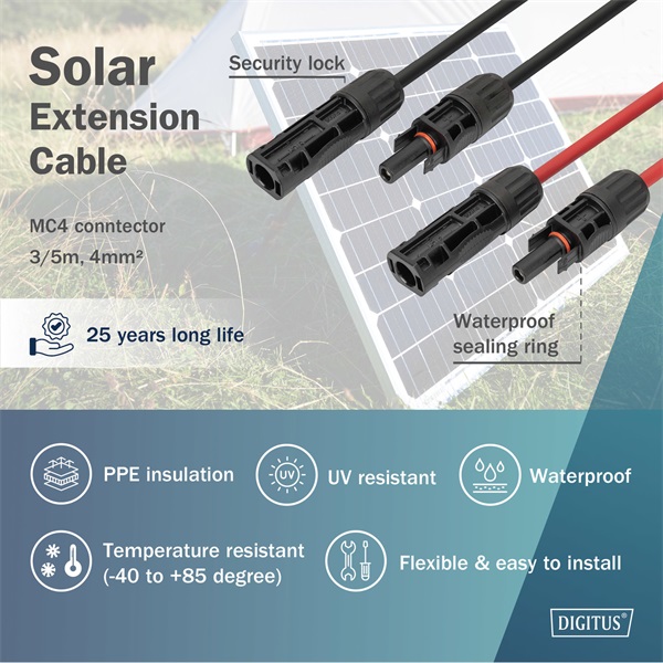 DIGITUS Solar 4mm 1500V DC XLPO napelemes kültéri kábelhosszabbító MC4 csatlakozóval 3m