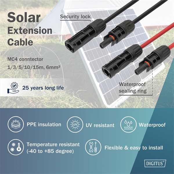 DIGITUS Solar 6mm 1500V DC XLPO napelemes kültéri kábelhosszabbító MC4 csatlakozóval 3m