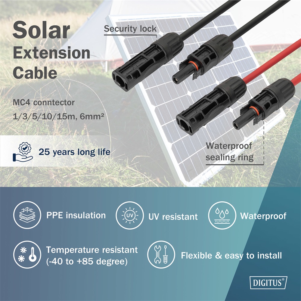 DIGITUS Solar 6mm 1500V DC XLPO napelemes kültéri kábelhosszabbító MC4 csatlakozóval 5m